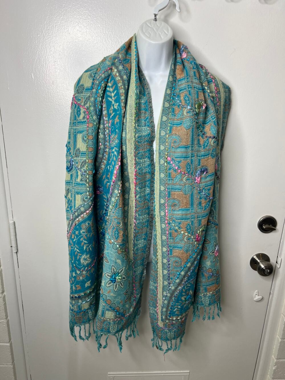 100% Wool Shawl Wrap Scarf Floral Paisley Fringe Teal Multicolor ~ 80" by 30"